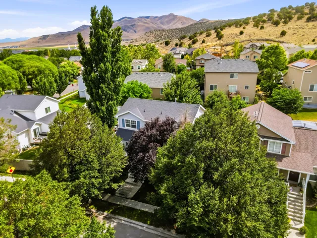 Aerial view of the front of the house with nice, mature trees for shade.