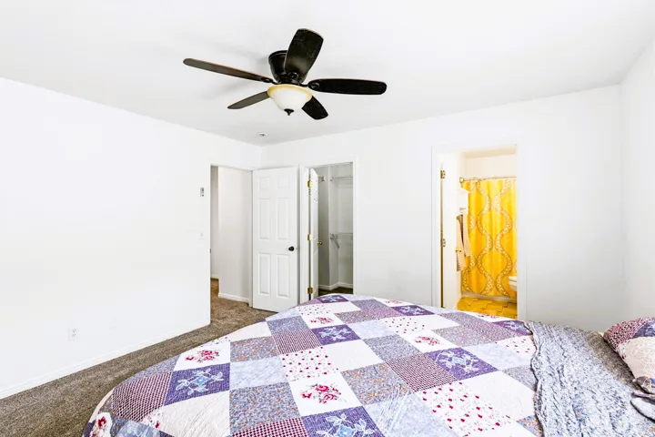 Primary Bedroom, ceiling fan, new carpet and bathroom and primary closet attached.