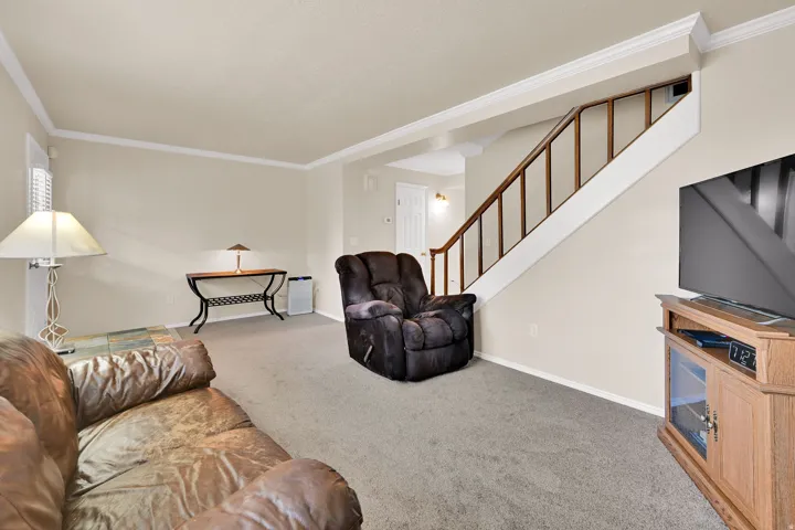 Carpeted living area featuring a wooden staircase with white risers and wood-finish handrail, crown molding, and neutral wall tones