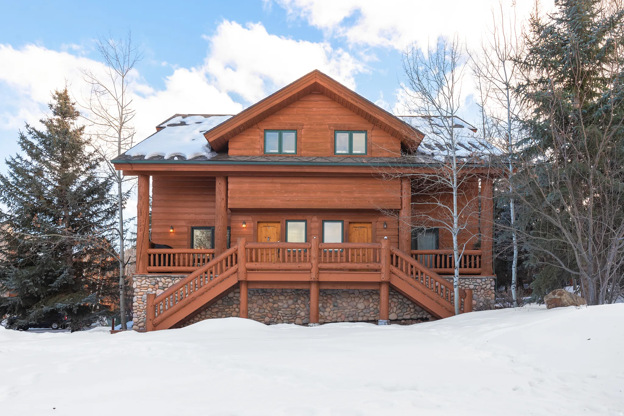 Wood-clad exterior with a prominent A-frame roofline