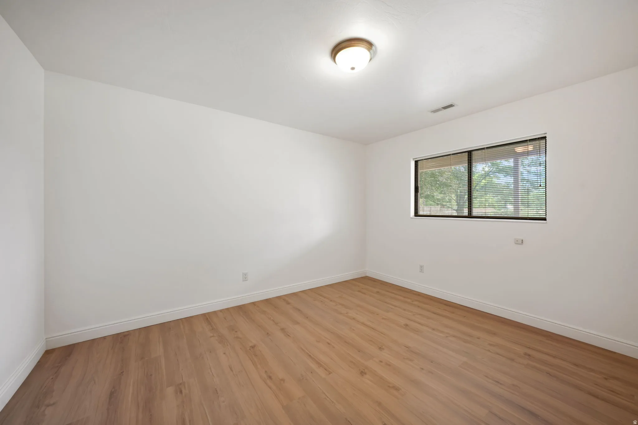 Bright interior space featuring wood-finish flooring, white walls, and white baseboards