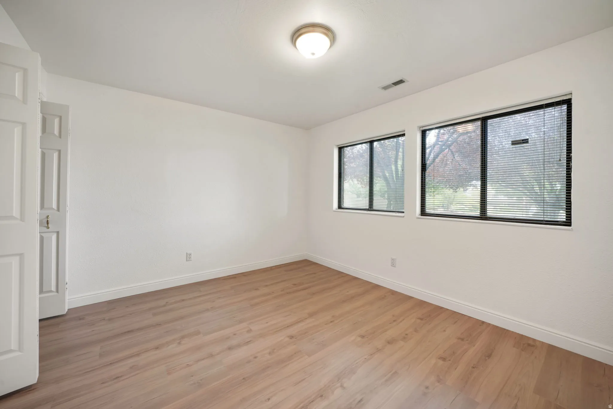 Room featuring wood-finish flooring, white baseboards, two windows with black frames, and a flush mount ceiling light fixture