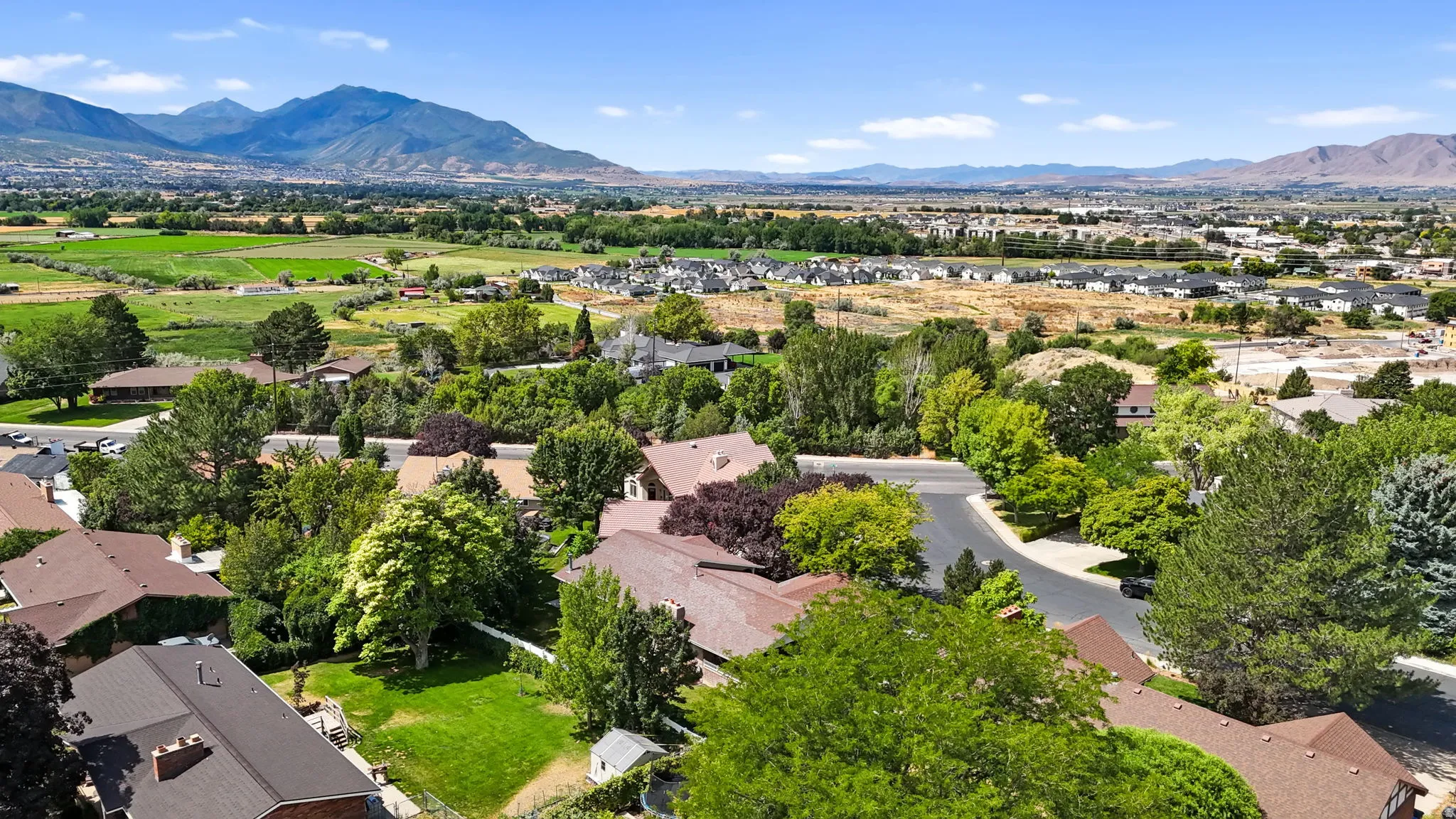 Expansive aerial perspective showcasing a residential neighborhood with established homes, mature trees, and mountainous terrain in the distance