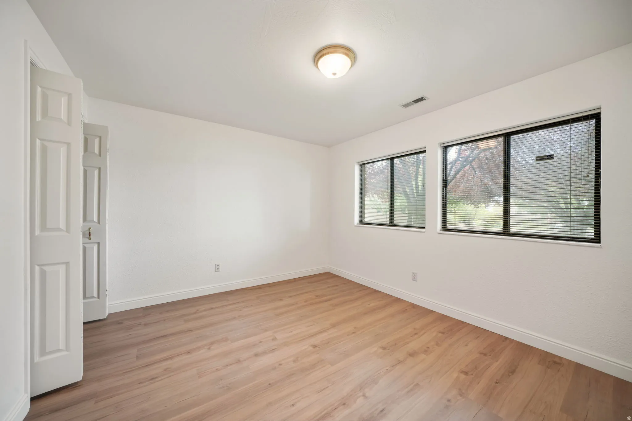 Light-filled interior space featuring two windows with horizontal blinds, wood-finish flooring, and white paneled doors