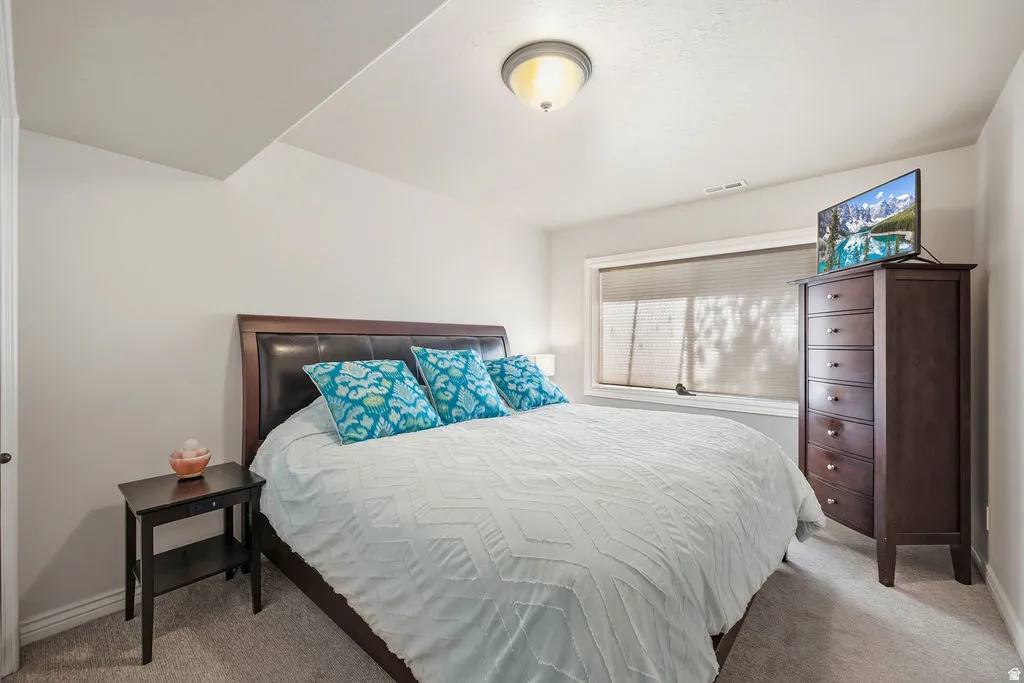 Carpeted bedroom featuring a window with horizontal blinds, a ceiling-mounted light fixture, and a built-in wall vent