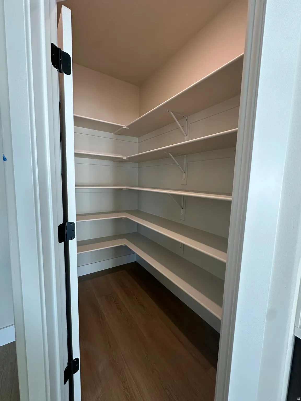Walk-in pantry featuring extensive built-in shelving, wood-finish flooring, and white trim