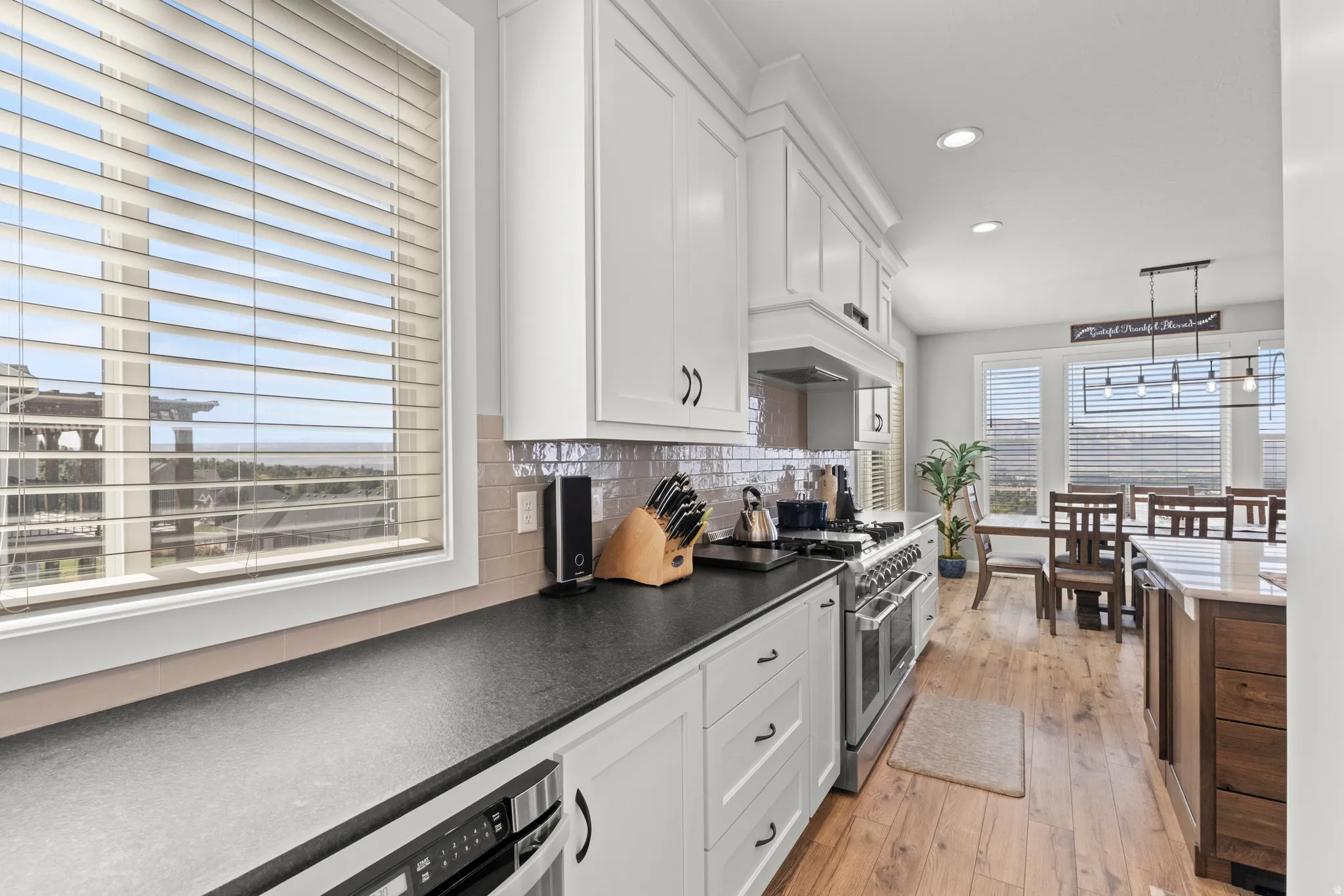 Gourmet kitchen featuring white shaker cabinetry, stainless steel appliances including a gas range and hood, dark countertops, and wood-finish flooring