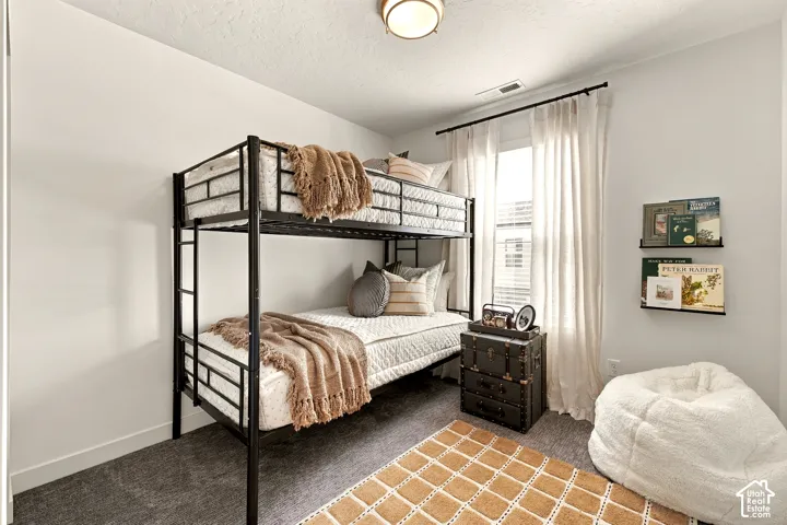 Room interior featuring neutral wall paint, gray carpeting, a window with a black curtain rod, and a flush-mount ceiling light fixture