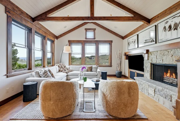 Vaulted tongue-and-groove ceiling with exposed wood beams