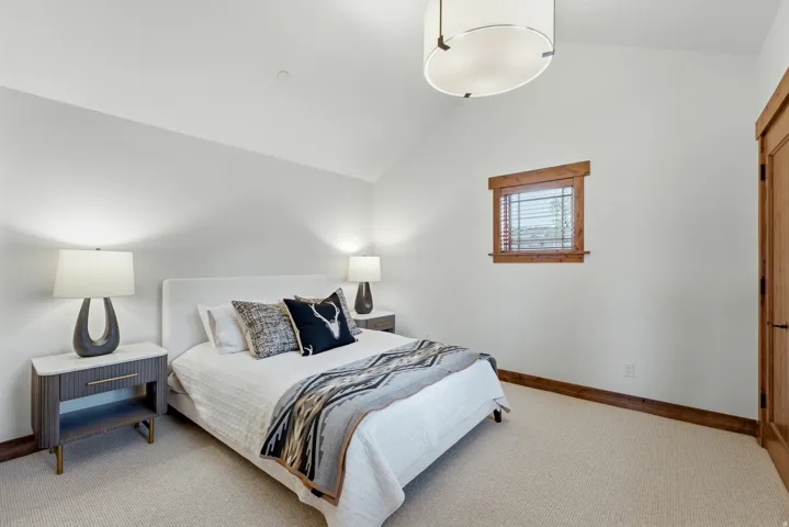 Spacious bedroom featuring light-toned carpeting, a window with wood-finish trim, and a contemporary ceiling light fixture