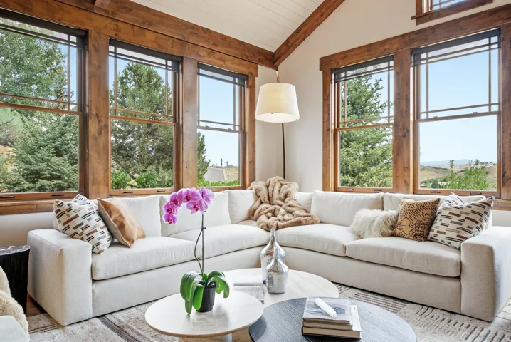 Vaulted ceiling with exposed wood beams