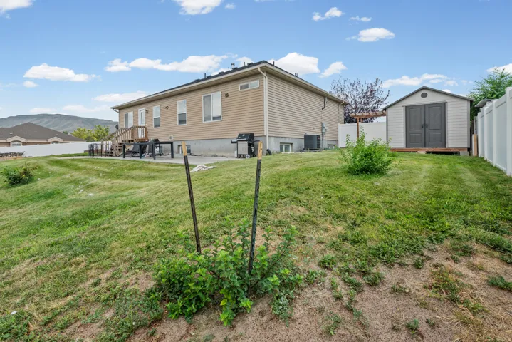 Expansive backyard featuring a concrete patio and shed for storage.