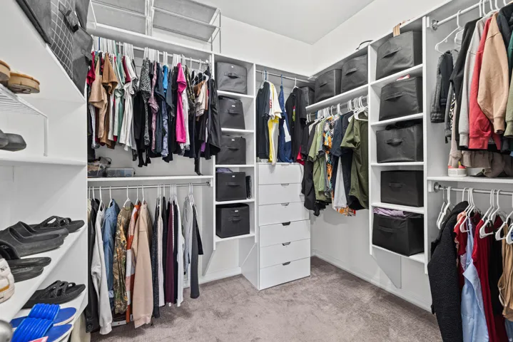 Walk-in closet featuring built-in white shelving, multiple hanging rods, integrated drawers, and a carpeted floor