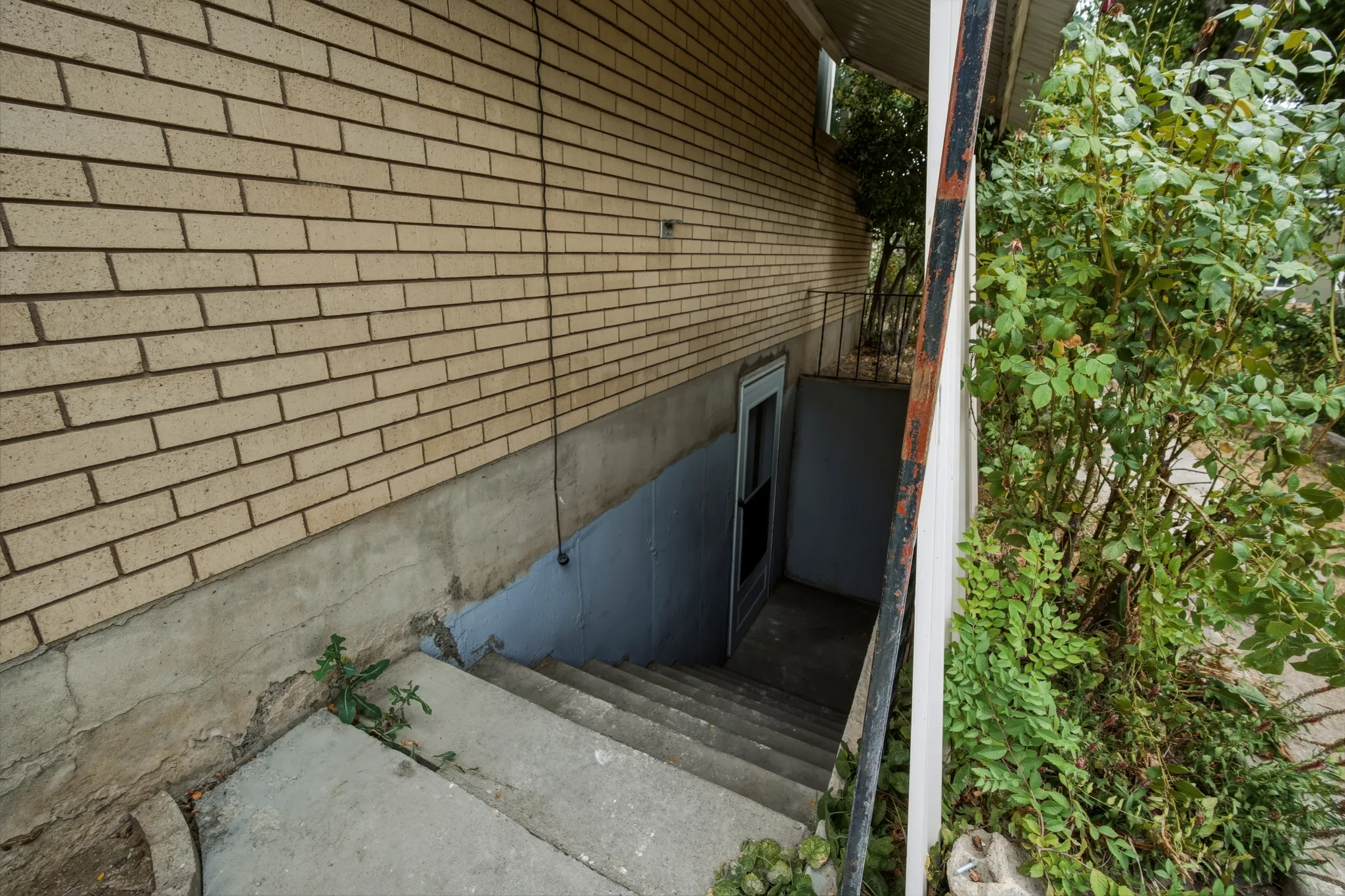 Exterior features include a light-colored brick facade, a concrete foundation, and concrete steps leading to a basement entry