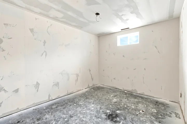 Unfinished interior space featuring drywall installation and a small window