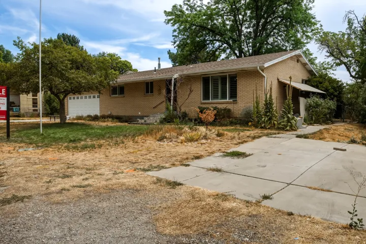 Traditional brick ranch-style residence featuring an attached garage with a panel door, a concrete driveway, and mature landscaping