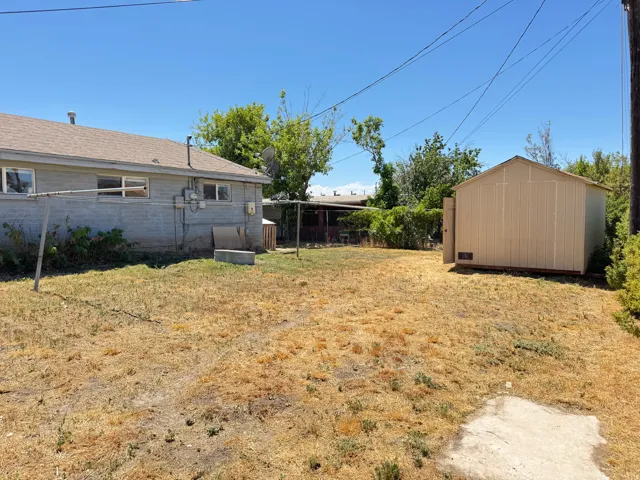 Spacious backyard featuring a storage shed with a single door entry, a concrete block exterior, and mature perimeter foliage