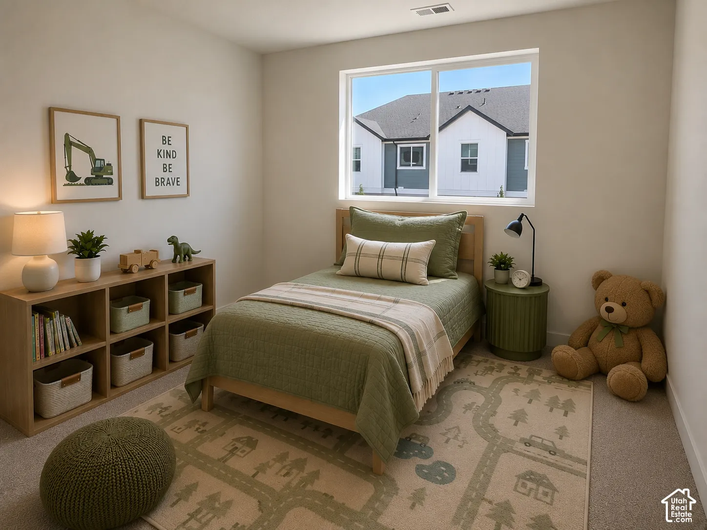 Bedroom featuring neutral wall colors, carpet flooring, a large window, recessed lighting, and a built-in shelving unit