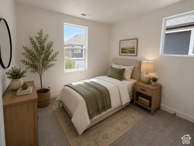 Carpeted interior space featuring white walls and multiple windows
