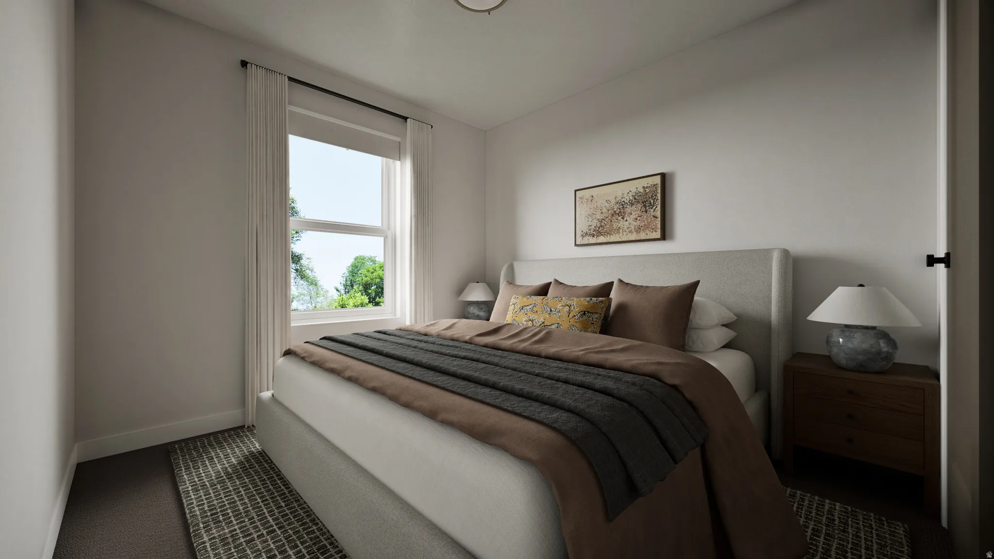 Bedroom featuring a double-hung window, light-colored walls, and carpet flooring