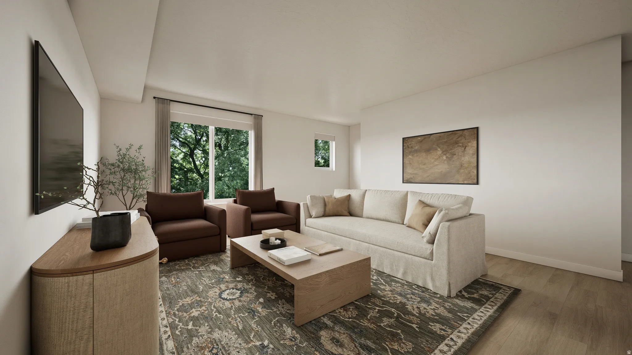 Living area featuring large windows with verdant outdoor scenery, light wood-finish flooring, and a neutral color palette