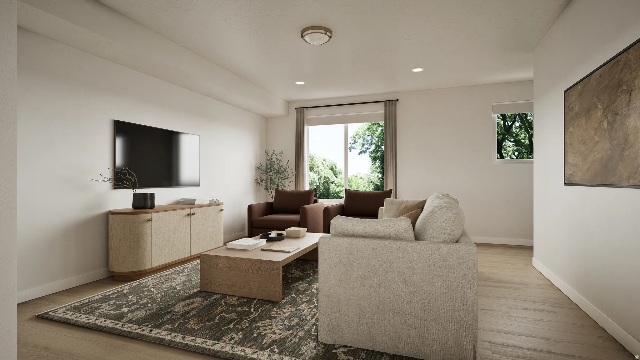 Open-concept living area with light wood-finish flooring, recessed lighting, and a large window