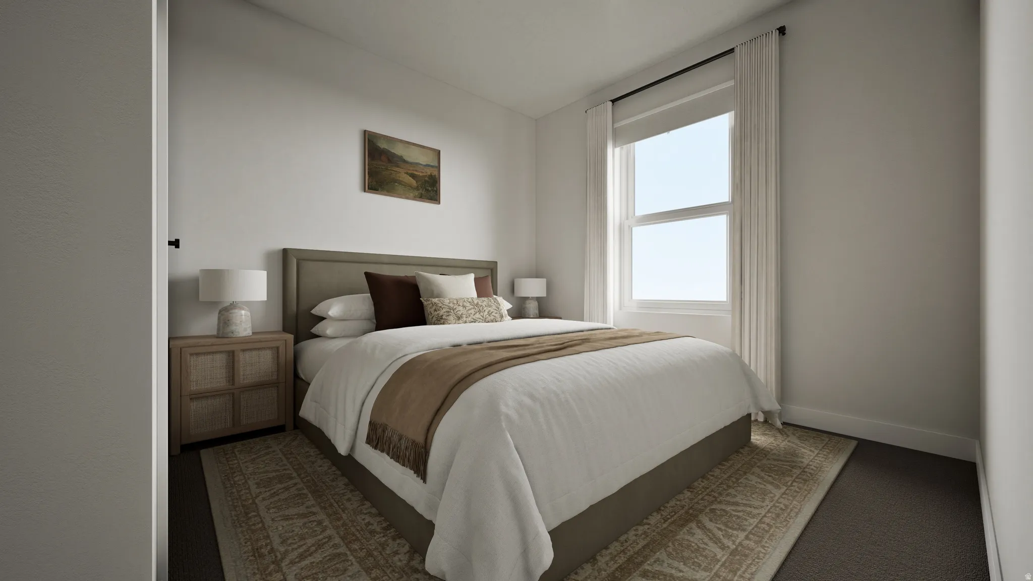 Bright interior space featuring a double window with white trim, dark rod, and sheer curtains