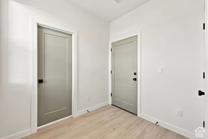 Interior space featuring wood-finish flooring, two sage-toned Shaker-style doors, and matte black hardware