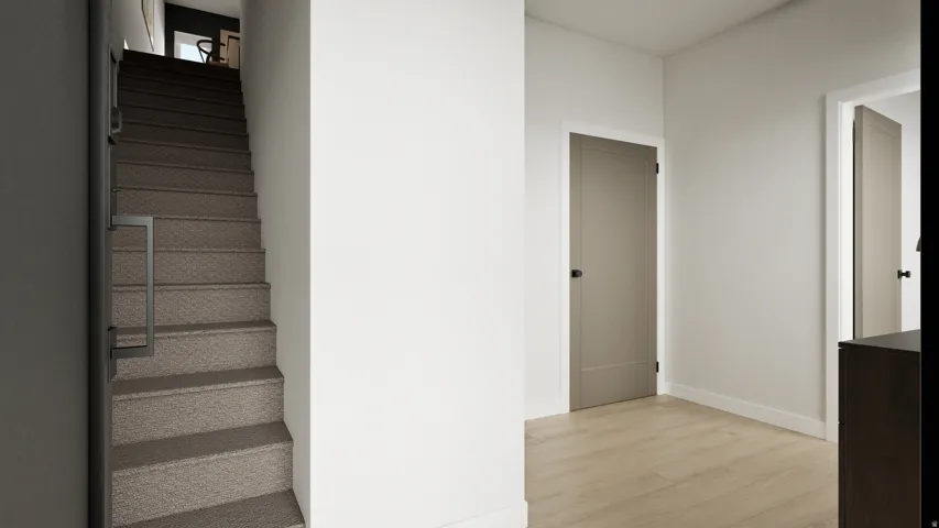 Light wood-finish flooring complements white walls and modern interior doors