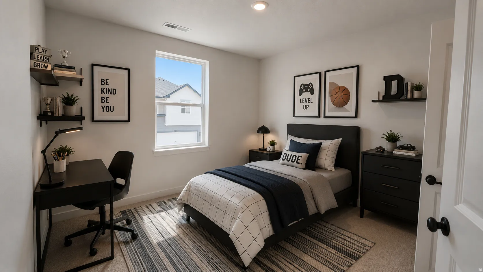 Bedroom featuring neutral wall colors, a large window, recessed lighting, and built-in wall shelving