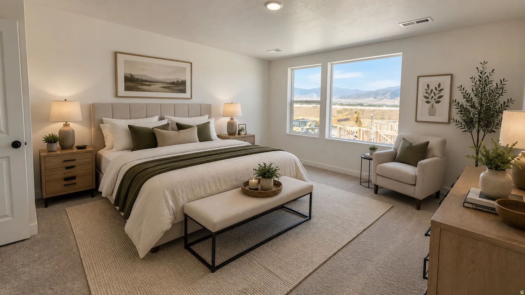 Spacious room featuring multiple large windows and carpeted flooring
