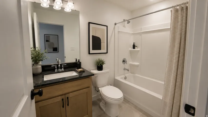 Bathroom featuring a single vanity with granite countertop, integrated sink, and brushed nickel faucet
