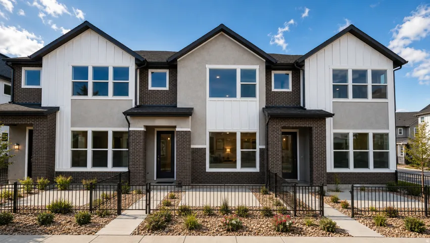 Contemporary townhome exterior featuring a combination of brick and stucco finishes