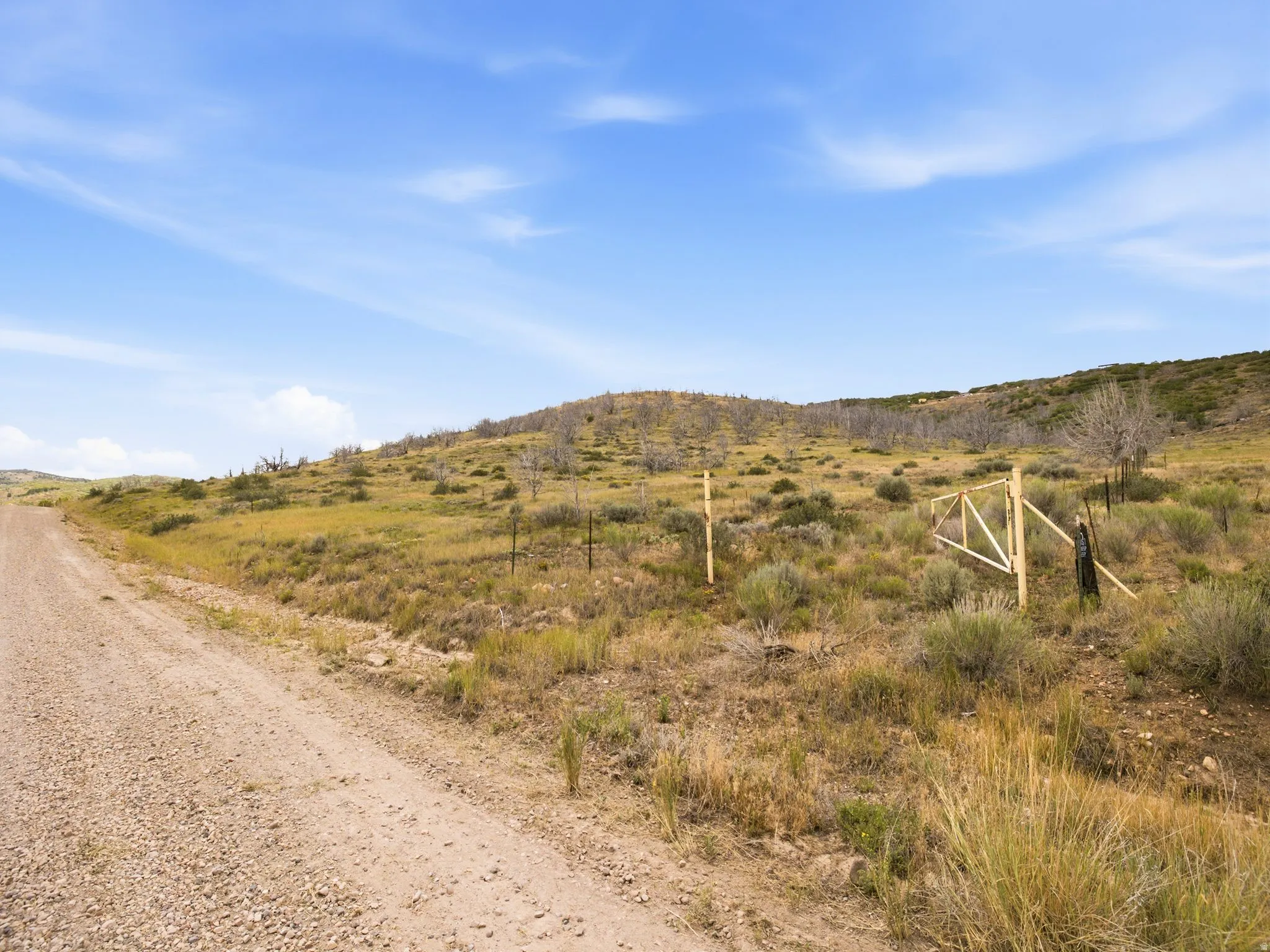 Expansive open terrain with a gravel access road and a natural wood gate