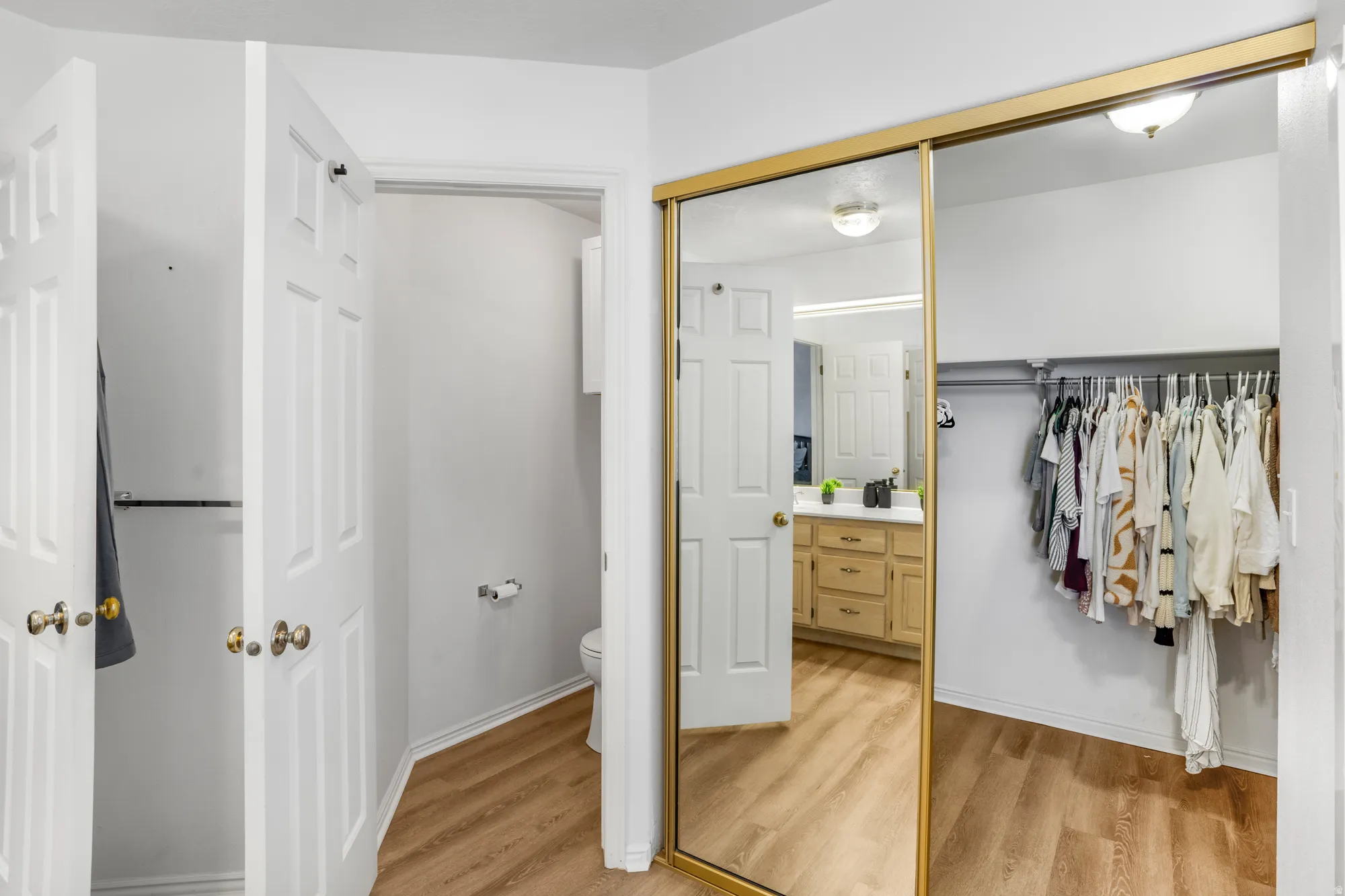 Spacious closet area featuring light wood-finish flooring
