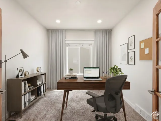 French doors opening into a versatile room featuring recessed lighting, a window with blinds and drapes, and plush carpeting