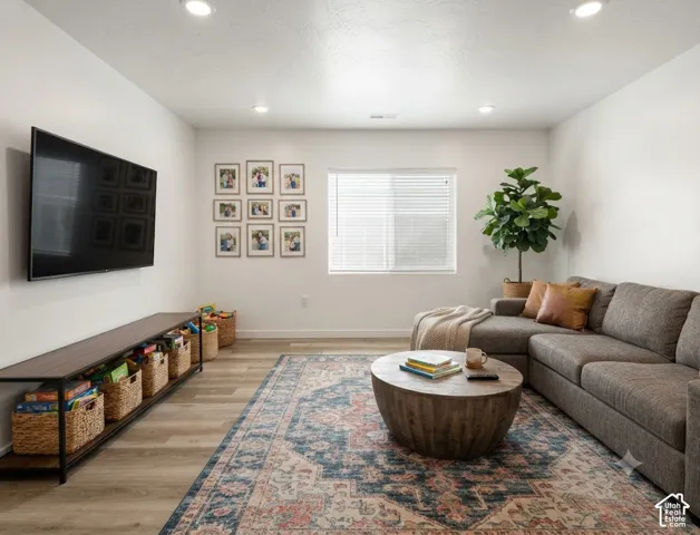 Bright living area with recessed lighting