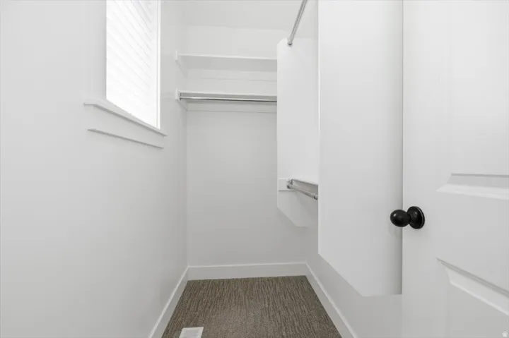 Walk-in closet featuring built-in shelving, chrome hanging rods, a window with horizontal blinds, textured carpet flooring, and a paneled door with a matte black knob
