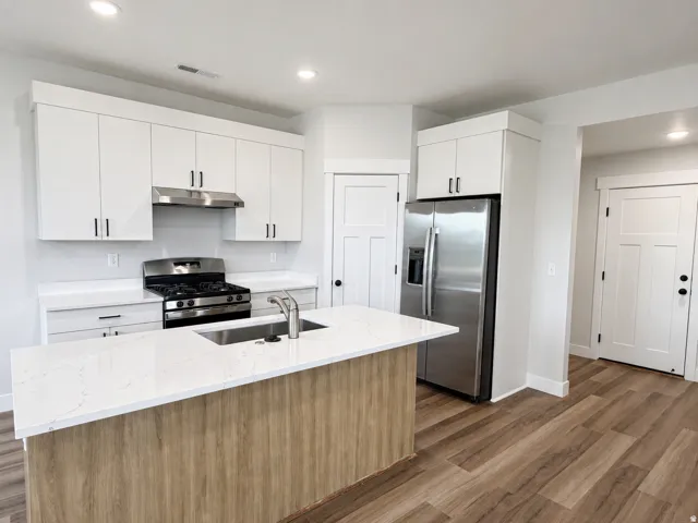 Contemporary kitchen featuring a large island with wood-finish paneling and a stainless steel sink