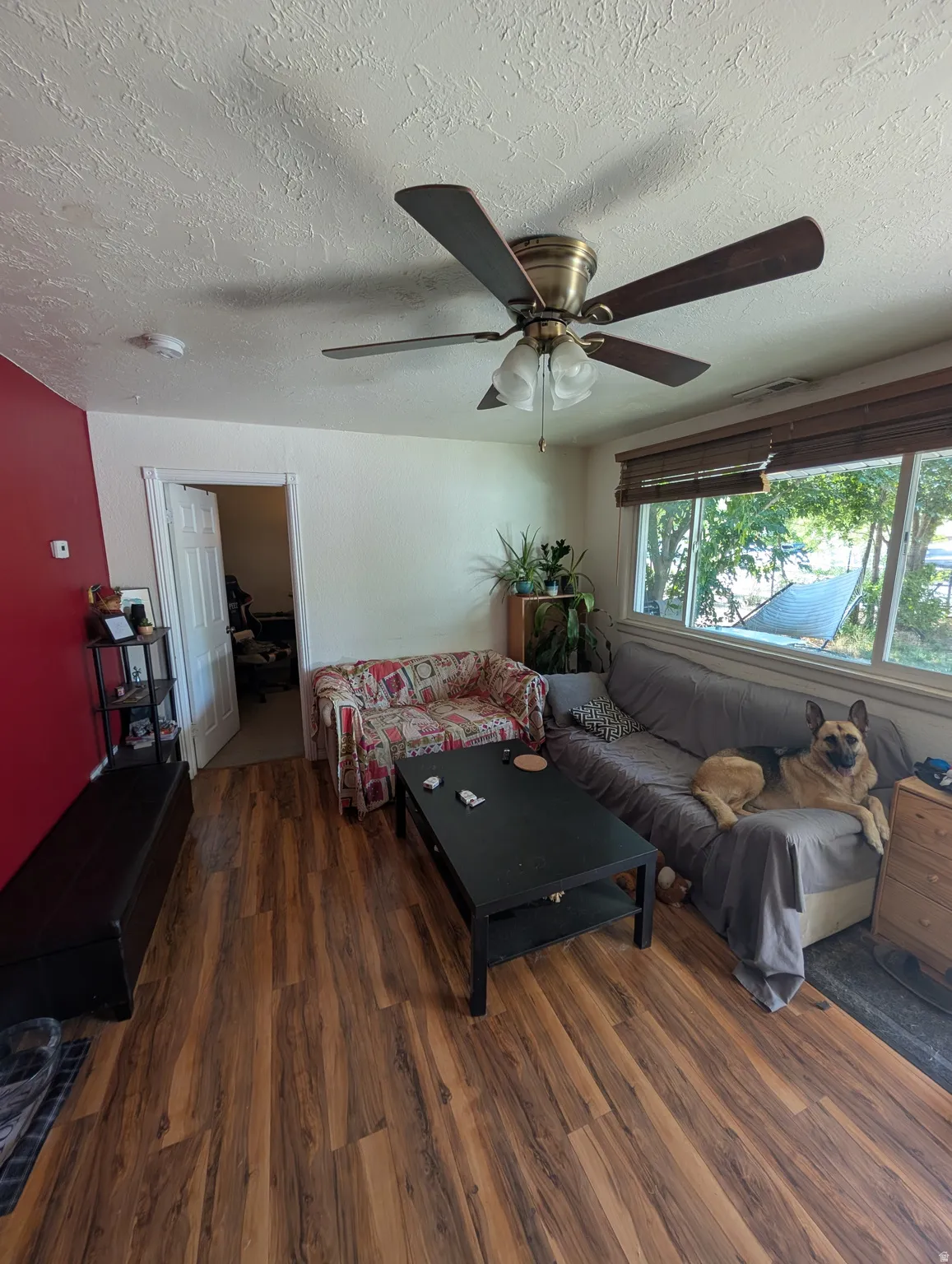 Living area featuring wood-finish flooring, a ceiling fan with integrated lighting, and a large window with blinds