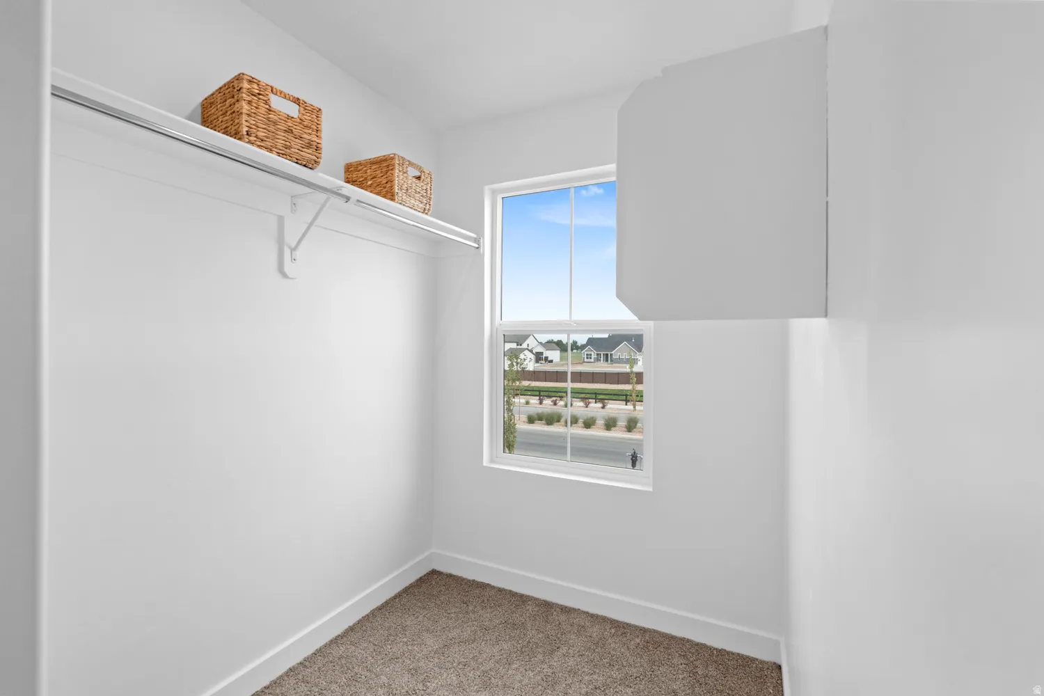Walk-in closet with carpet flooring and a double-hung window