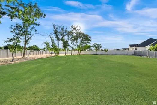 Expansive green lawn with mature trees and a perimeter fence