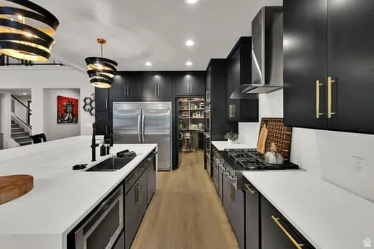 Modern kitchen featuring dark cabinetry with gold-tone hardware, stainless steel appliances, white countertops, and wood-finish flooring