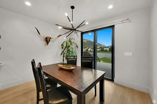 Dining area with wood-finish flooring and recessed lighting