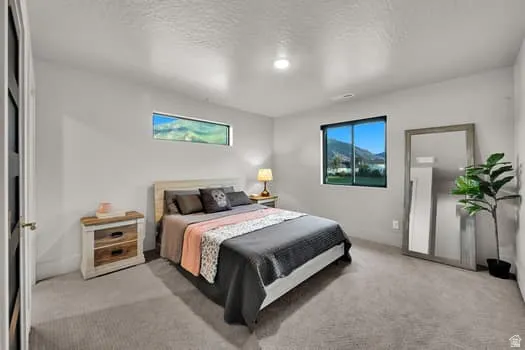 Spacious room featuring light gray carpeting and white walls