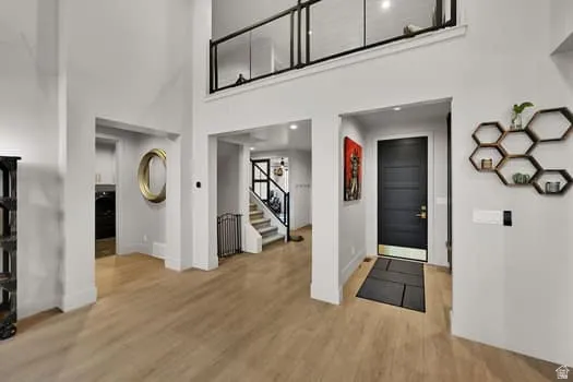 Two-story entryway featuring light wood-finish flooring, a dark paneled door with gold-tone hardware, and a modern glass and metal railing system for the upper level