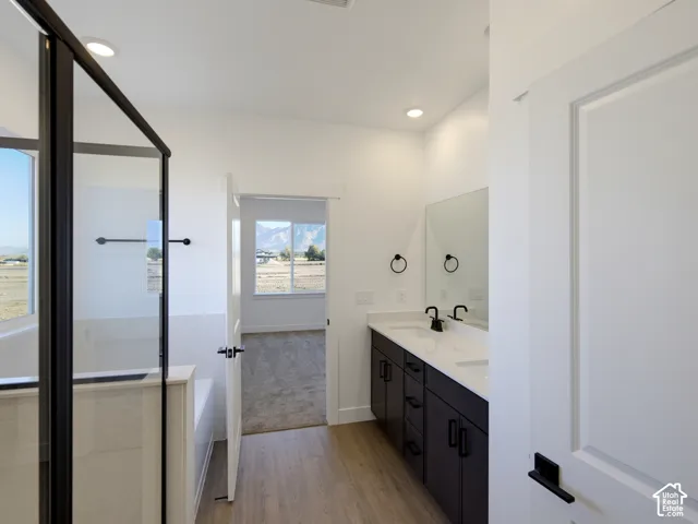 Dual-sink vanity with matte black hardware, white countertop, glass-enclosed shower, wood-finish flooring, and recessed lighting