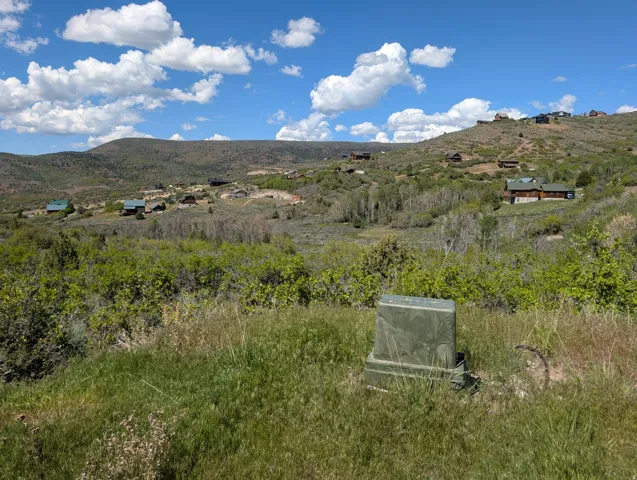 Expansive hillside property featuring diverse natural landscaping, distant residential structures, and a clear blue sky