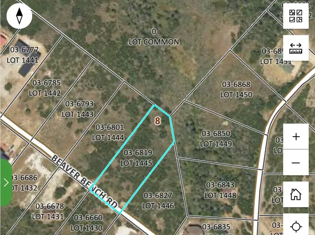 Plat Map. Illustrating lot divisions and identifying the property at Lot 1445 on Beaver Bench Rd, and shared common area.