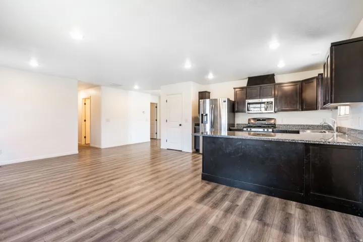 Open-concept living area featuring wood-finish flooring, recessed lighting, and a kitchen with dark cabinetry, stainless steel appliances, and stone countertops